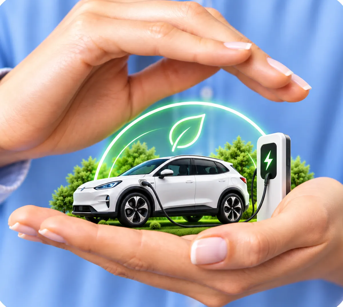 Protected electric car, symbolising insurance