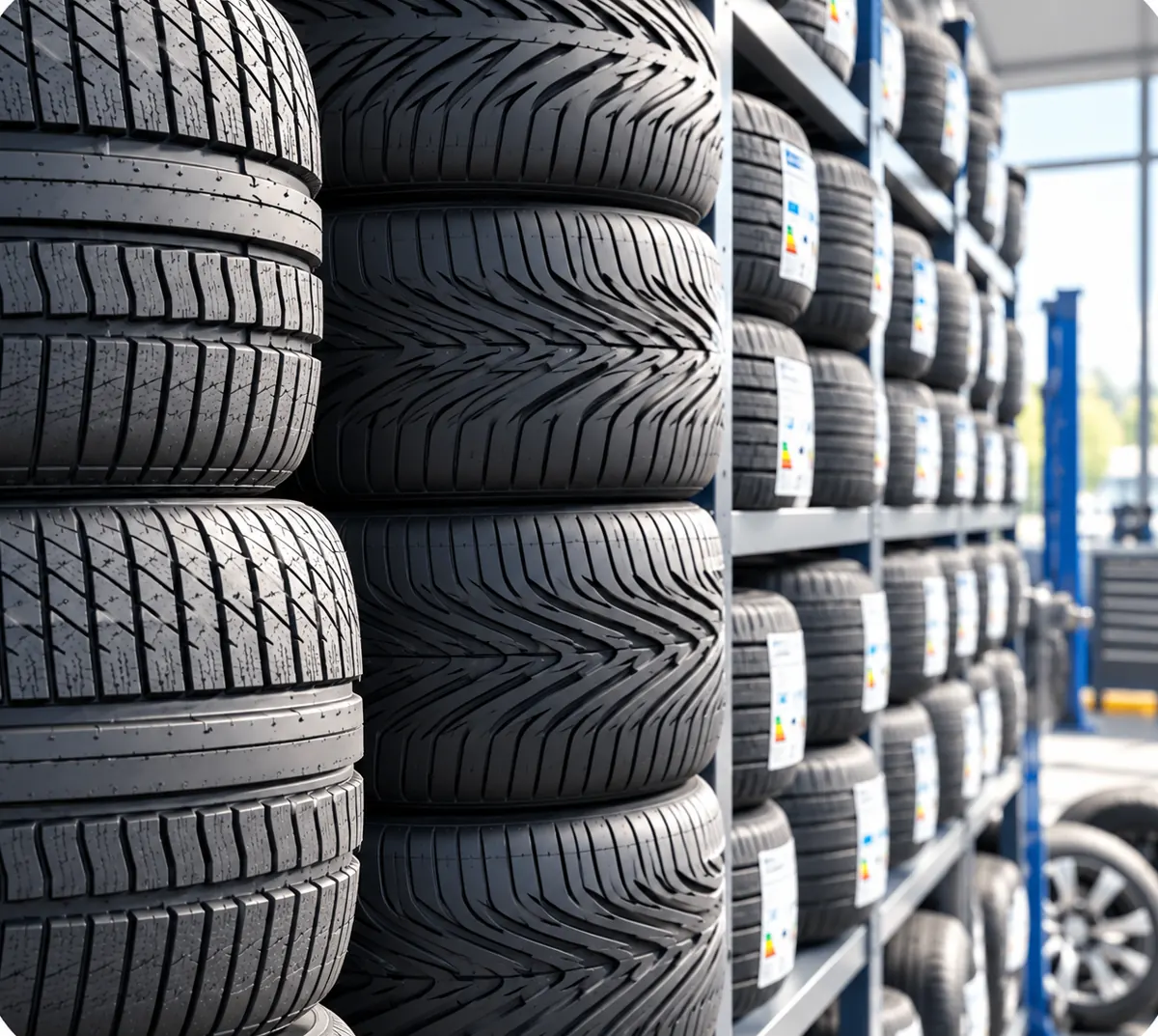 Car tyres on a rack